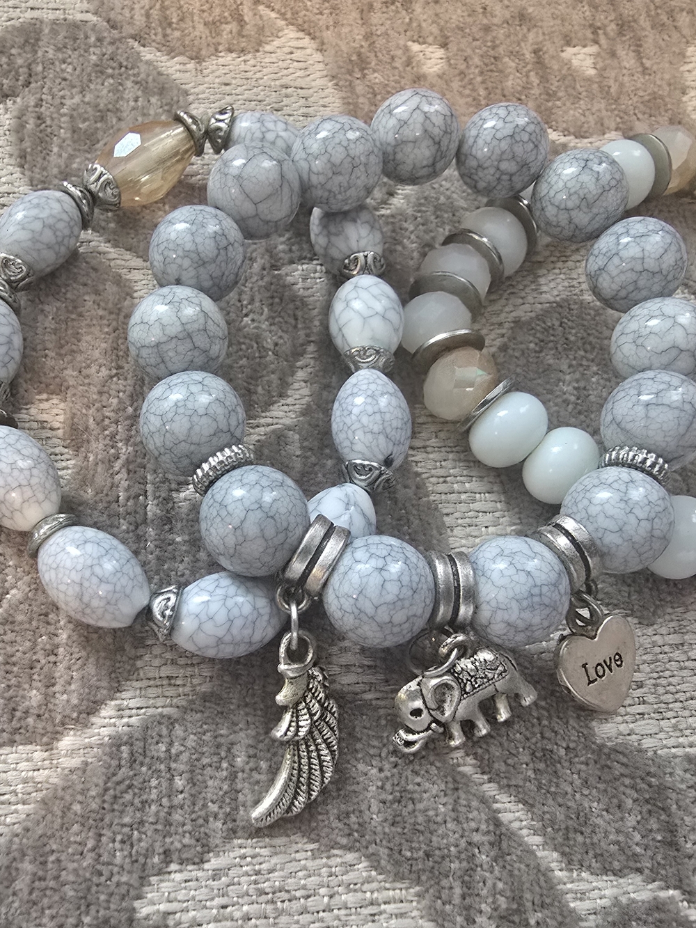 Gray Howlite Beaded Charm Bracelet - Love & Elephant Charms